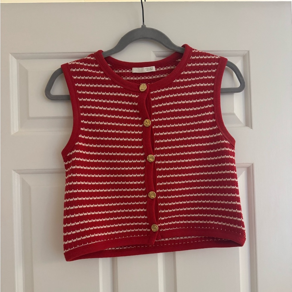 Zara Red and White Women Crop Sweater Vest